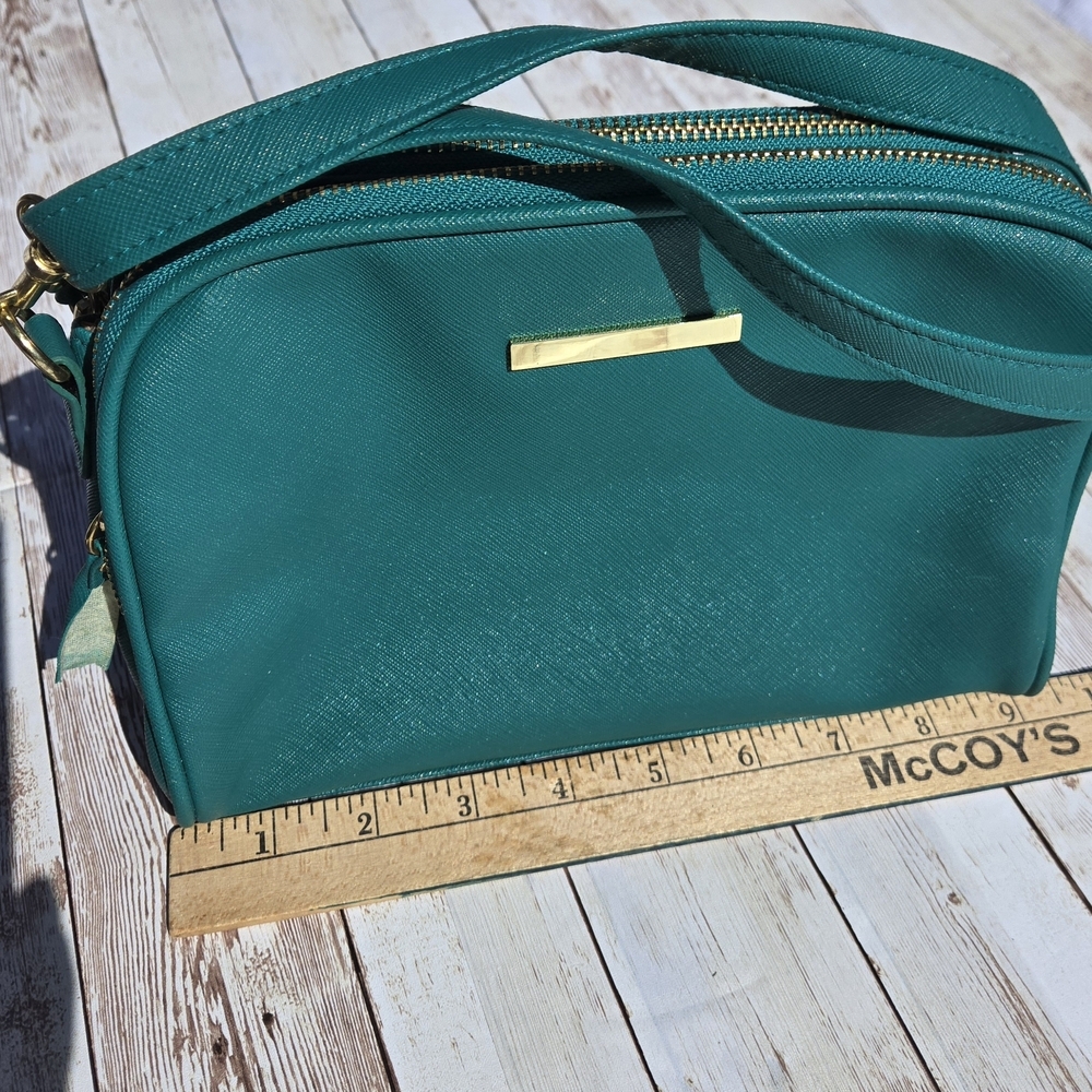Green Crossbody Purse Teal Faux Leather Gold Hardware Double Zip Small Bag - Picture 6 of 16